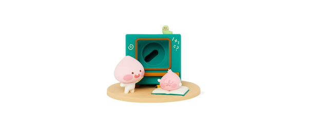 Two cute pink blob characters with a small green creature near a teal chalkboard.
