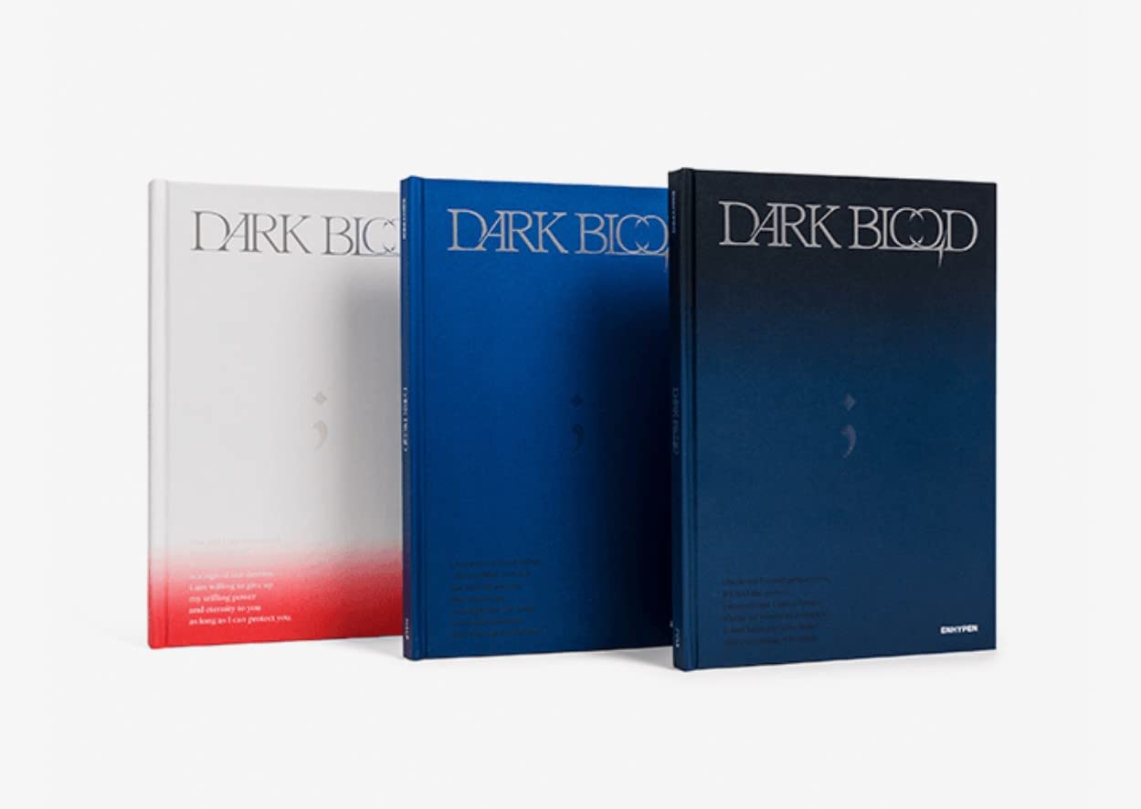 Three books titled 'Dark Blood' by enhypen in different colors on a white background