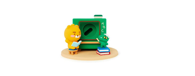 Cute 3D cartoon characters reading books in a classroom setting with a chalkboard.
