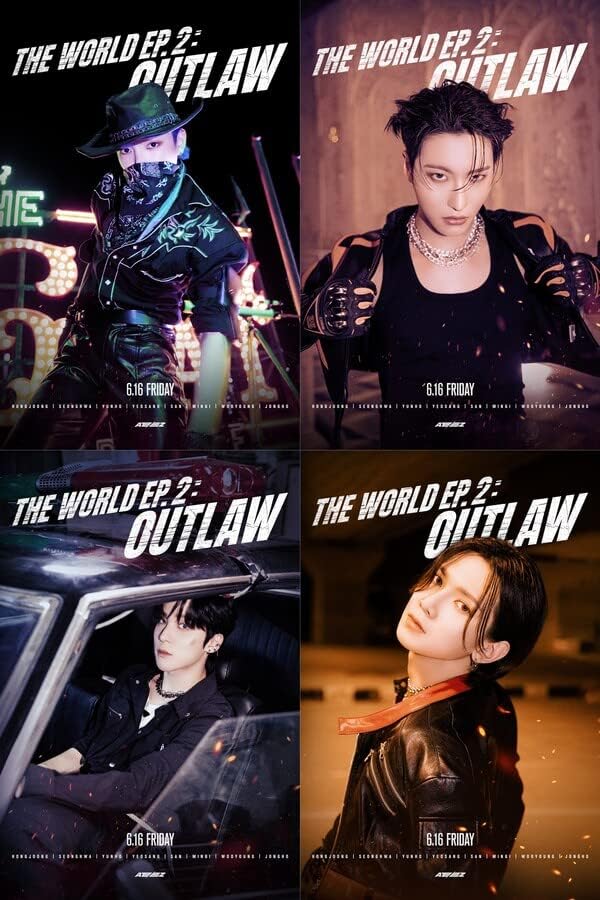 Promotional poster for 'The World Ep. 2: Outlaw' featuring four different characters in a stylized setting.