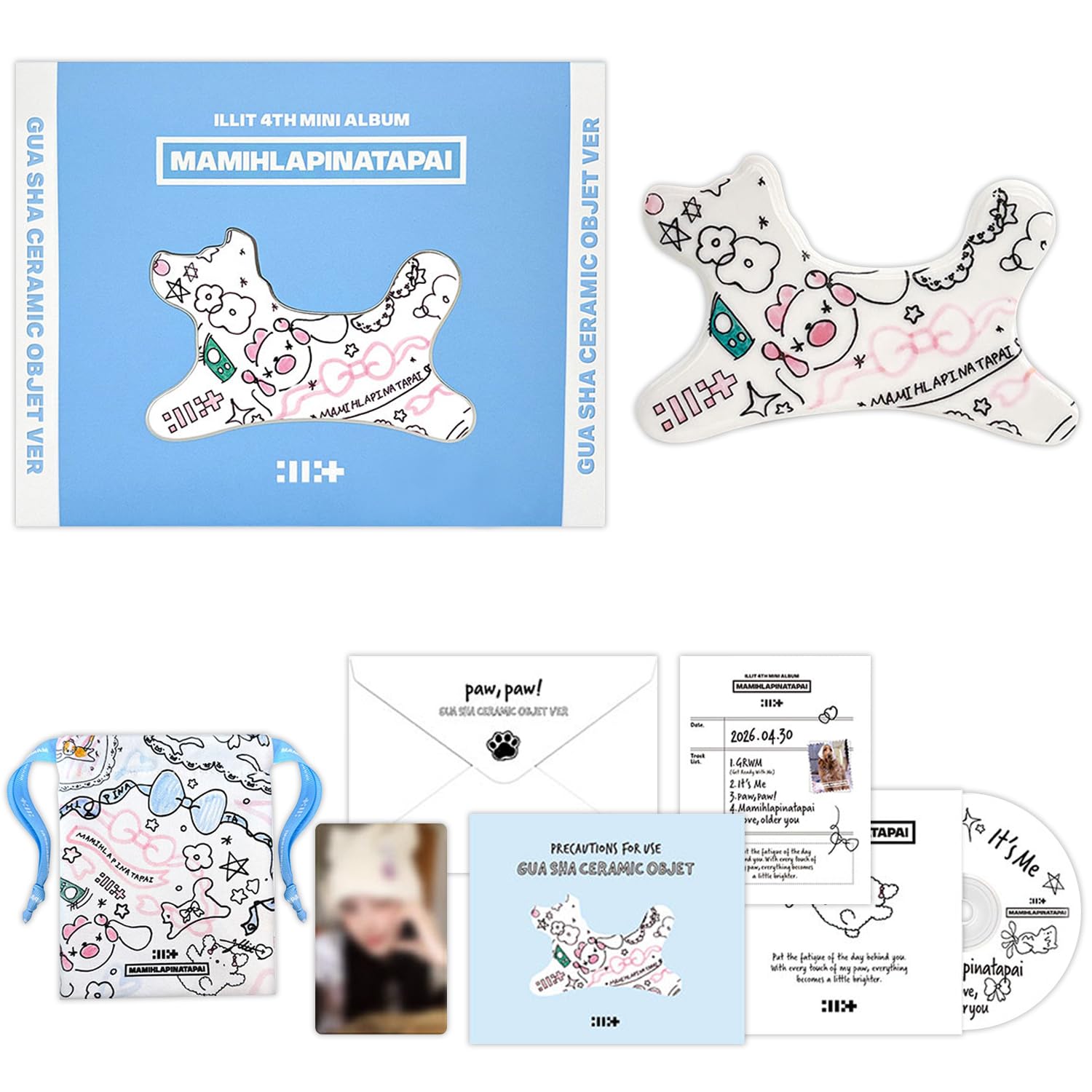 Illit MAMIHLAPINATAPAI 4th Mini Album (Gua Sha Ceramic Objet Ver.) Outbox + String Pouch + Lyric Leaflet + Mini CD-R + Precautions Sheet