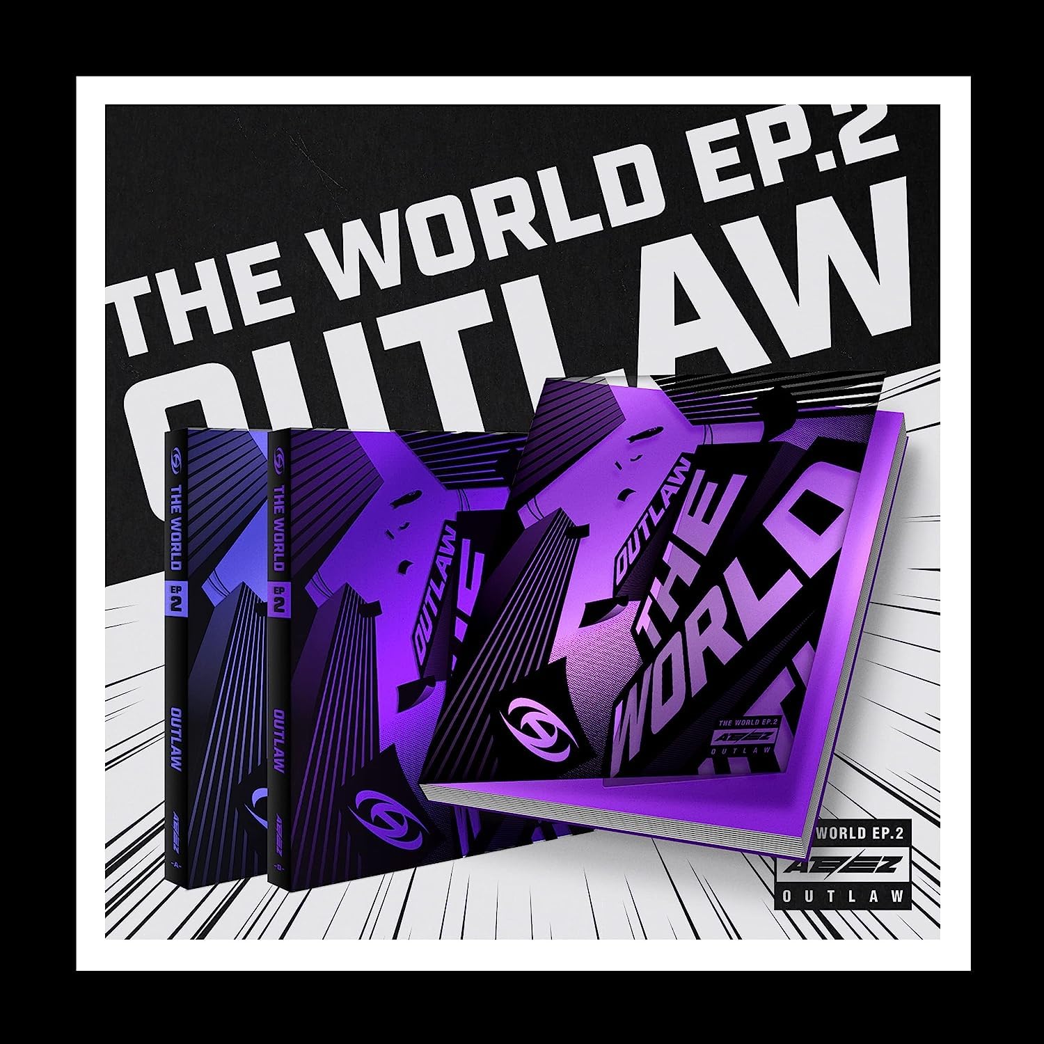 Purple and black album covers with 'The World EP.2 Outlaw' text on a white background