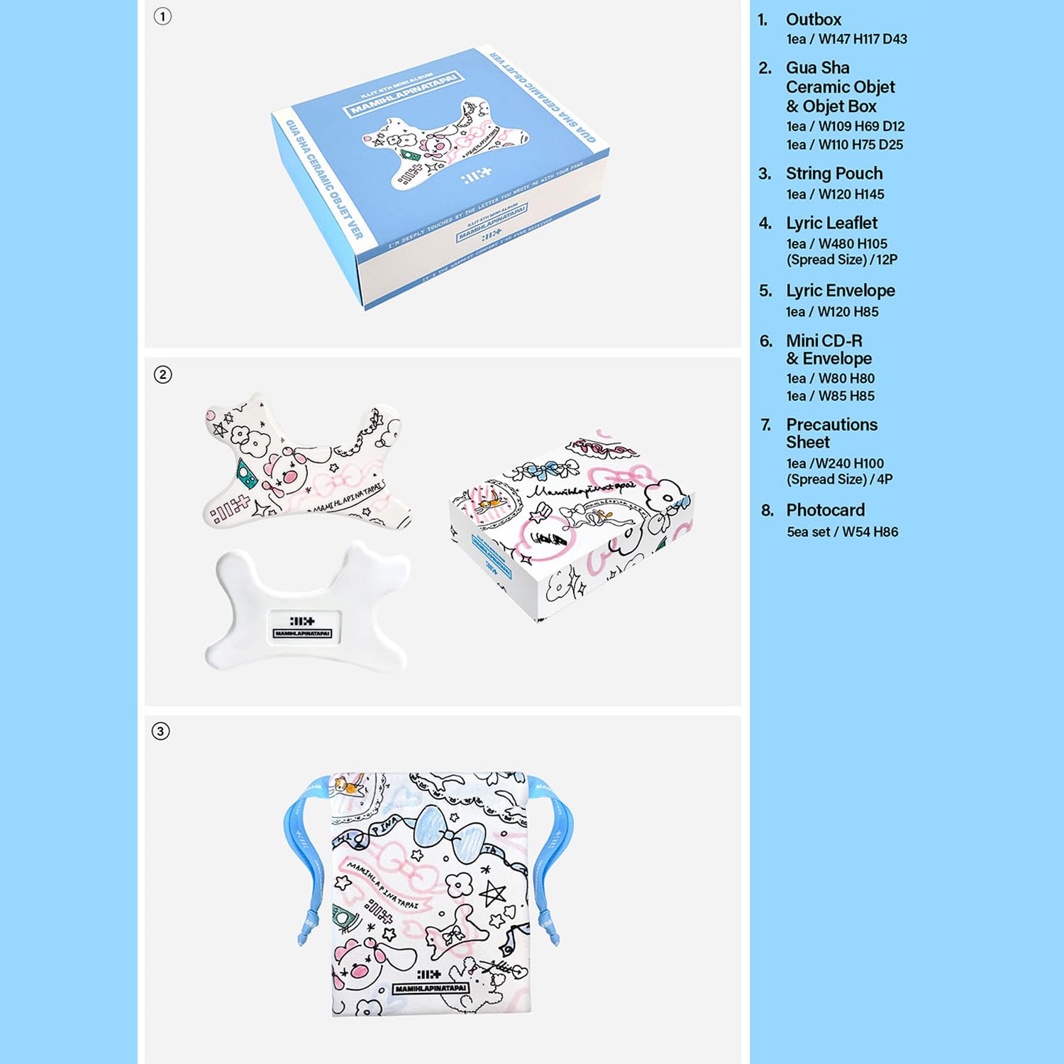 Illit MAMIHLAPINATAPAI 4th Mini Album (Gua Sha Ceramic Objet Ver.) Outbox + String Pouch + Lyric Leaflet + Mini CD-R + Precautions Sheet