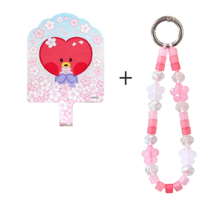 BT21 Cherry Blossom Phone Tag Holder with Bead Strap
